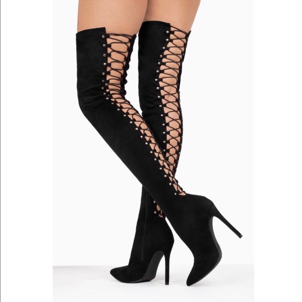Black High Heel Open Back Corset Lace Up Thigh High Boot - Picture 6 of 15